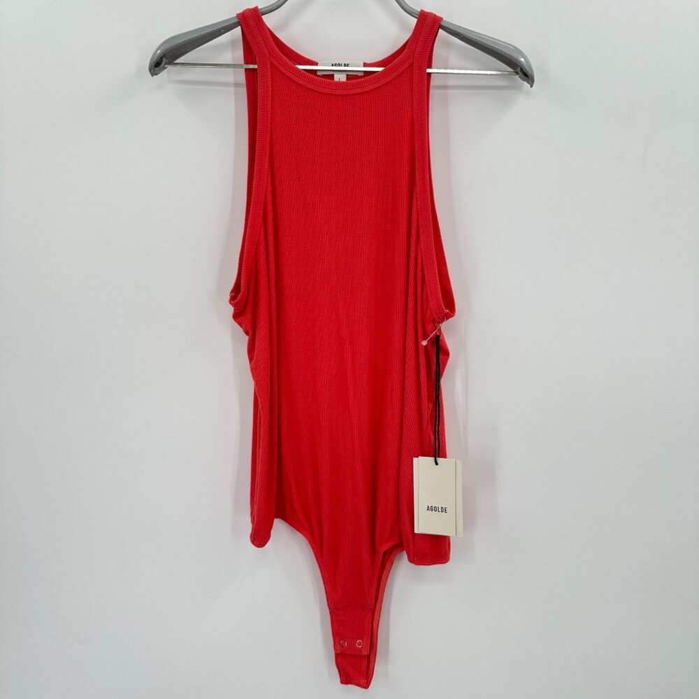 Agolde Rib Knit High-Neck Halter Bodysuit size L Coral-Red BAMBOO NWT